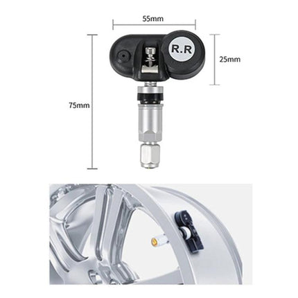 Tire Pressure Monitor for Safer Daily Vehicle Travel compact TPMS sensor with dimensions shown and valve-mounted installation on alloy wheel