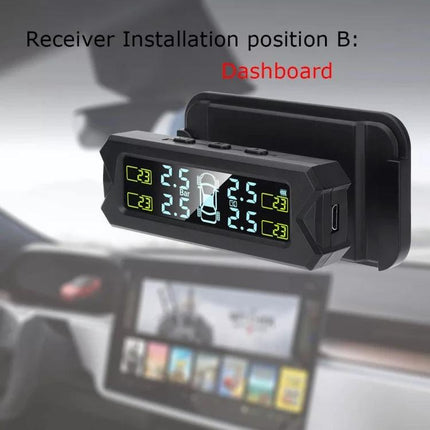 Tire Pressure Monitor for Safer Daily Vehicle Travel dashboard-mounted sensor display showing real-time tire pressure and temperature