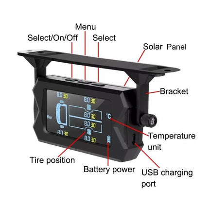 Essential Tire Monitor for Safe Daily Truck Operations - six-tire solar-powered pressure & temperature display with USB charging port