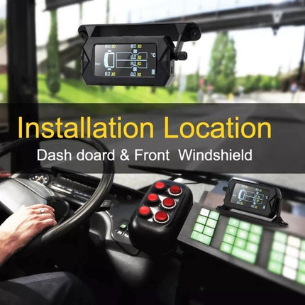 Essential Tire Monitor for Safe Daily Truck Operations mounted on truck dashboard and windshield showing tire pressure and temperature