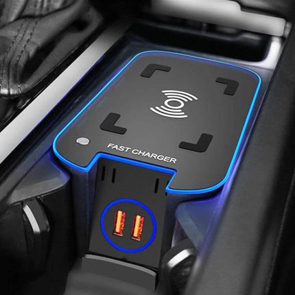 Car Wireless Charger For Volvo With Anti-Slip Design mounted in center console showing Qi charging pad and dual USB ports