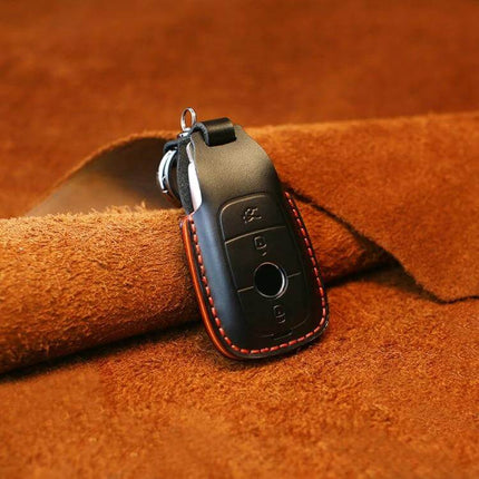 Cowhide Leather Key Protector for Mercedes-Benz Vehicles — black cowhide key cover with red stitching protecting Mercedes key fob