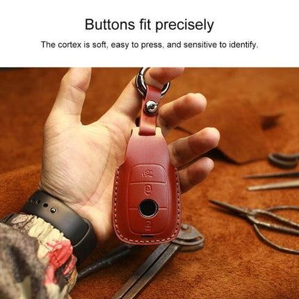 Cowhide Leather Key Protector for Mercedes-Benz Vehicles - red genuine cowhide key cover showing precise button fit and keyring attachment
