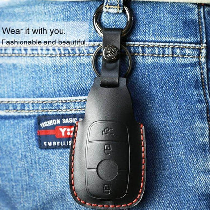 Cowhide Leather Key Protector for Mercedes-Benz Vehicles on jeans keyring showing black leather cover with red stitching
