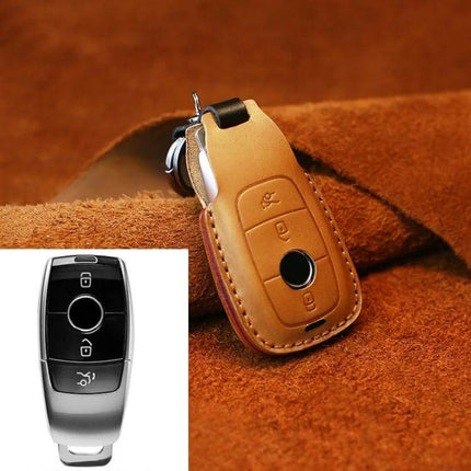Cowhide Leather Key Protector for Mercedes-Benz Vehicles in tan genuine cowhide protecting key fob from scratches and dirt, soft comfortable grip