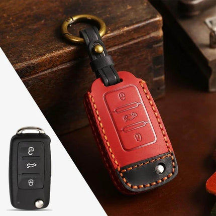 Cowhide Leather Protective Key Case for Volkswagen Cars – red genuine cowhide key cover with keyring, stitched protection against scratches and dirt