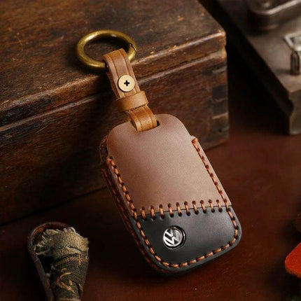 Cowhide Leather Protective Key Case for Volkswagen Cars – genuine cowhide leather brown key fob cover with VW logo and brass ring