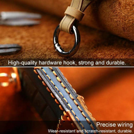 Cowhide Leather Protective Key Case for Volkswagen Cars showing high-quality hardware hook and precise stitching
