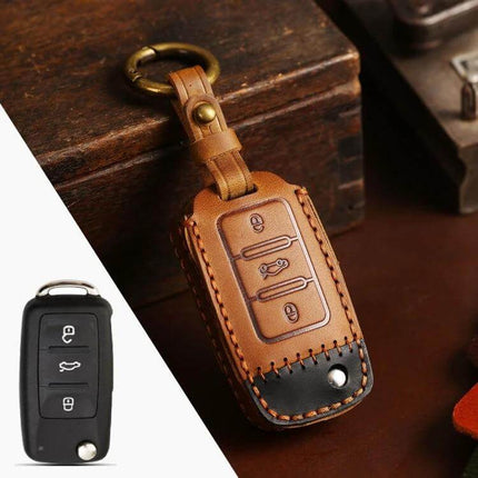 Cowhide Leather Protective Key Case for Volkswagen Cars - brown genuine cowhide leather key fob cover with brass keyring