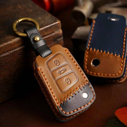 Cowhide Leather Protective Key Case for Volkswagen Cars - brown genuine cowhide leather key fob cover with stitched detailing