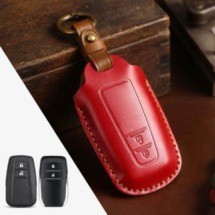 Cowhide Leather Key Protective Cover for Toyota Cars - red genuine cowhide key fob case for Camry with stitched leather and keyring
