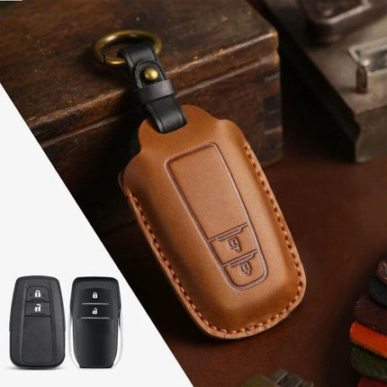 Cowhide Leather Key Protective Cover for Toyota Cars - genuine brown leather Toyota key fob protector with stitching and keyring