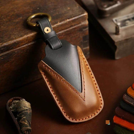 Cowhide Leather Key Protective Cover for Toyota Cars - brown and black genuine cowhide fob sleeve with keyring