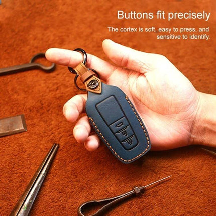 Cowhide Leather Key Protective Cover for Toyota Cars - genuine cowhide Toyota key fob cover in navy with stitched edge, keyring and pocket-friendly design