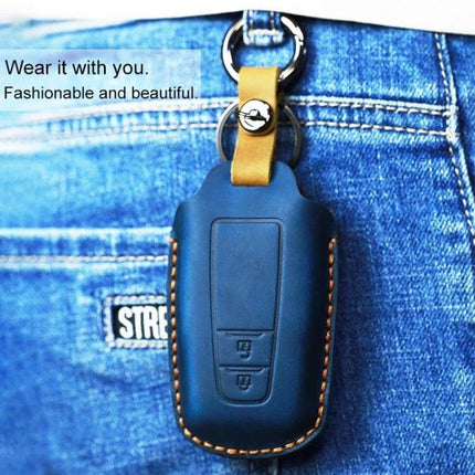 Cowhide Leather Key Protective Cover for Toyota Cars - genuine cowhide key fob cover on jeans keyring, protects Toyota Camry key from scratches