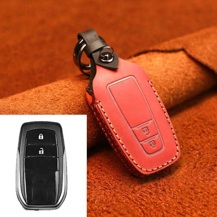 Cowhide Leather Key Protector for Toyota Cars, Two-Key Version - red cowhide leather key case shown with Toyota two-key remote