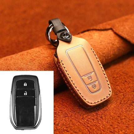 Cowhide Leather Key Protector for Toyota Cars, Two-Key Version - tan genuine cowhide leather key case protecting two Toyota keys