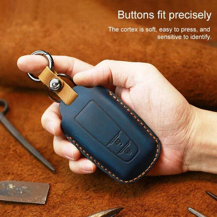 Cowhide Leather Key Protector for Toyota Cars, Two-Key Version - navy leather two-key protector in hand with keyring, soft tactile buttons, compact pocket-friendly design