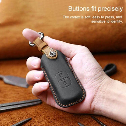 Hallmo Cowhide Leather Key Case for Mazda Vehicles, Three Keys - brown genuine leather protective key fob cover held in hand