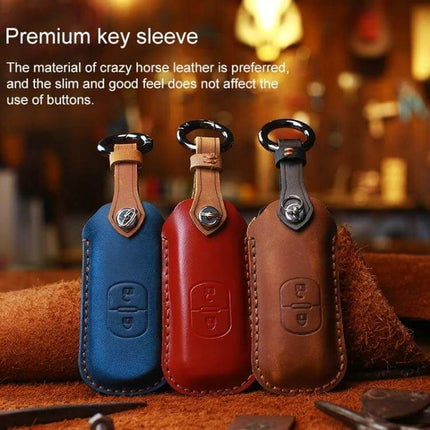 Hallmo Cowhide Leather Key Case for Mazda Vehicles, Three Keys - brown blue red leather key sleeves protecting up to three Mazda keys