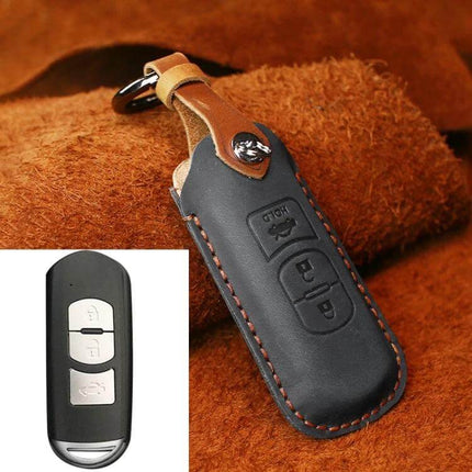 Hallmo Cowhide Leather Key Case for Mazda Vehicles, Three Keys - black leather key pouch with orange stitching and key fob