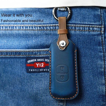 Hallmo Cowhide Leather Key Case for Mazda Vehicles, Three Keys hanging from belt loop protecting up to three Mazda keys in blue leather