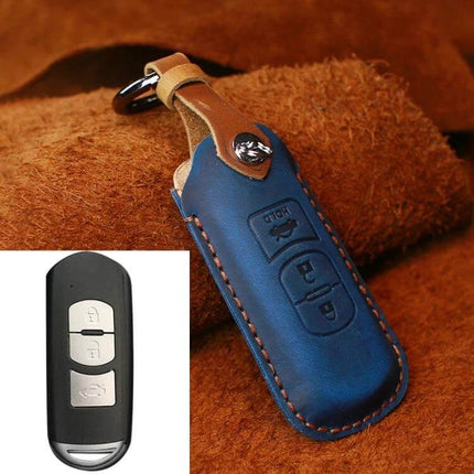 Hallmo Cowhide Leather Key Case for Mazda Vehicles, Three Keys in blue leather with stitched trim and key ring