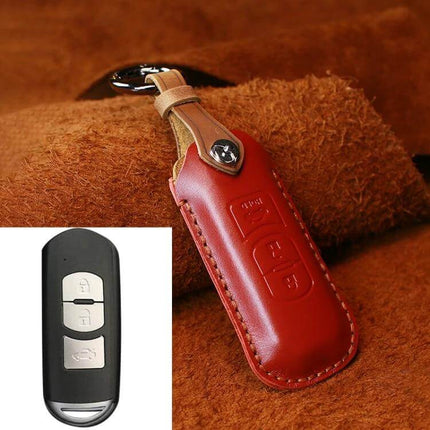 Hallmo Cowhide Leather Key Case for Mazda Vehicles, Three Keys leather key fob case protecting up to three Mazda keys in brown genuine cowhide