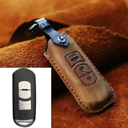 Hallmo Cowhide Leather Key Case for Mazda Vehicles, Three Keys - brown leather protective case holding three Mazda key fobs