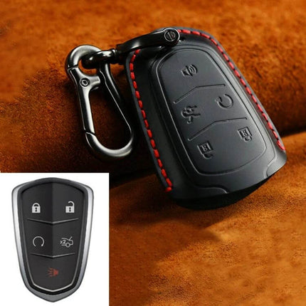 Cowhide Leather Key Case for Cadillac Cars, Five Keys Version - genuine cowhide protective key case with carabiner and red stitching
