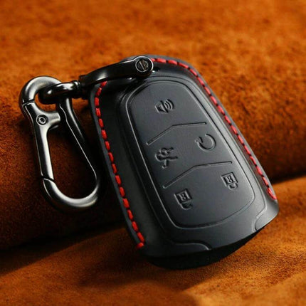 Cowhide Leather Key Case for Cadillac Cars, Five Keys Version - genuine cowhide leather key case protecting five Cadillac keys with red stitch