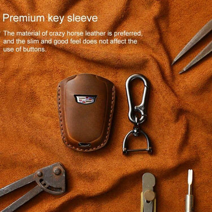 Cowhide Leather Key Case for Cadillac Cars, Five Keys Version - brown genuine cowhide leather key case with Cadillac emblem and keyring