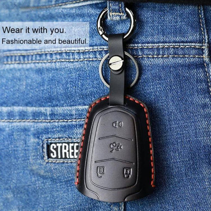 Cowhide Leather Key Case for Cadillac Cars, Five Keys Version hanging from jeans keyring, genuine cowhide protection
