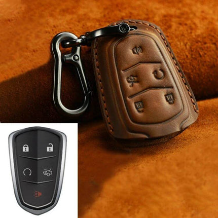 Cowhide Leather Key Case for Cadillac Cars, Five Keys Version - brown cowhide protective key fob cover with clip for Cadillac keys