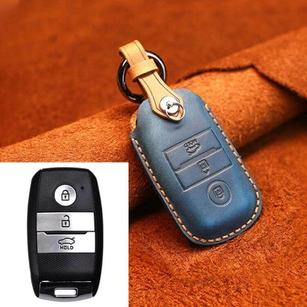 Cowhide Leather Protective Key Cover for Kia Vehicles - blue stitched cowhide key fob cover with leather loop protecting Kia remote