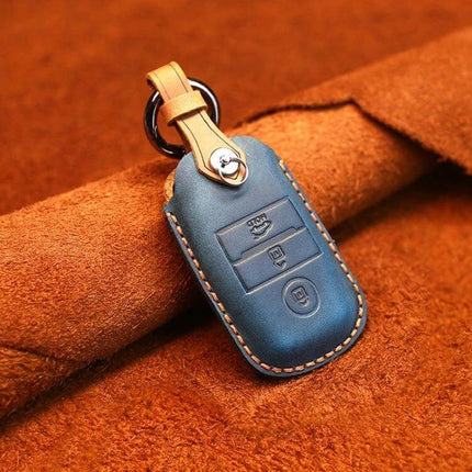 Cowhide Leather Protective Key Cover for Kia Vehicles - blue genuine cowhide key fob cover with tan strap protecting Kia key