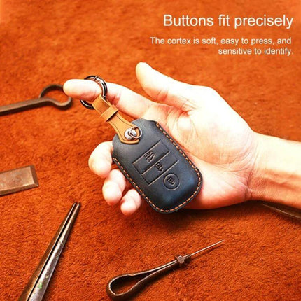 Cowhide Leather Protective Key Cover for Kia Vehicles in hand showing precise button fit and durable stitching
