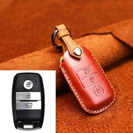 Cowhide Leather Protective Key Cover for Kia Vehicles - genuine brown cowhide key fob sleeve with ring, protects against scratches and wear