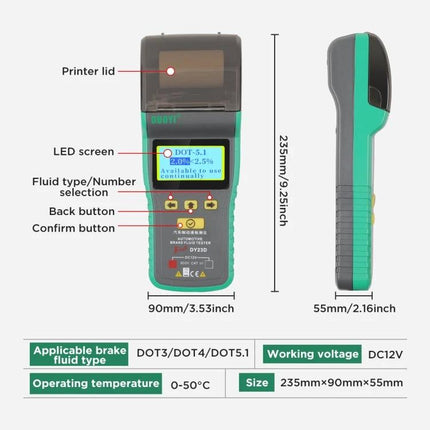 DUOYI Brake Fluid Tester for Everyday Vehicle Maintenance - handheld tester with LCD, printer lid and buttons showing DOT3/DOT4/DOT5.1 compatibility