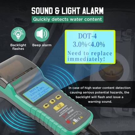 DUOYI Brake Fluid Tester for Everyday Vehicle Maintenance - handheld tester with backlight display showing DOT-4 3.0%<4.0% warning and sound/light alarm