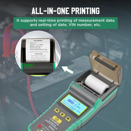 DUOYI Brake Fluid Tester for Everyday Vehicle Maintenance handheld device with thermal printer showing test report and LCD readout