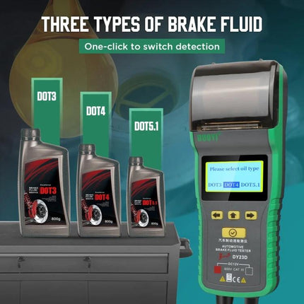 DUOYI Brake Fluid Tester for Everyday Vehicle Maintenance - handheld tester displaying DOT3 DOT4 DOT5.1 selection with three brake fluid bottles