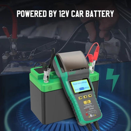 DUOYI Brake Fluid Tester for Everyday Vehicle Maintenance showing device connected to a 12V car battery with alligator clips and digital display