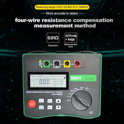 DUOYI Ground Resistance Tester for Home Electrical Safety Checks handheld earth resistance meter with four-wire connectors and digital display