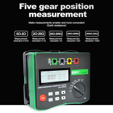 DUOYI Ground Resistance Tester for Home Electrical Safety Checks - portable earth resistance meter showing five-gear measurement display