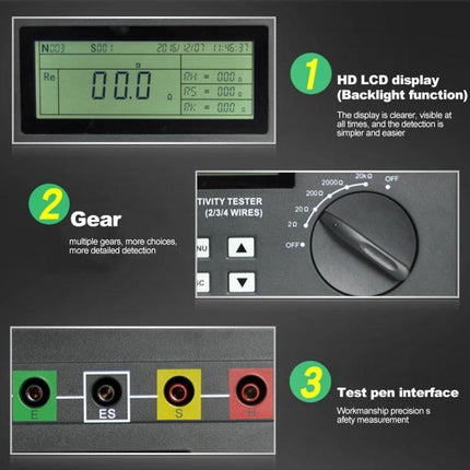 DUOYI Ground Resistance Tester for Home Electrical Safety Checks - front panel LCD, selector dial and test pen interfaces