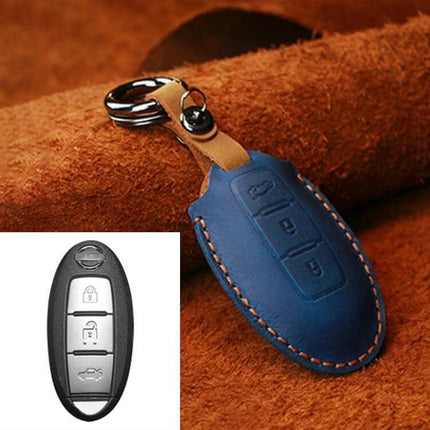 Protective Cowhide Leather Key Case for Nissan Qashqai Tiida - blue stitched genuine leather key fob cover with keyring