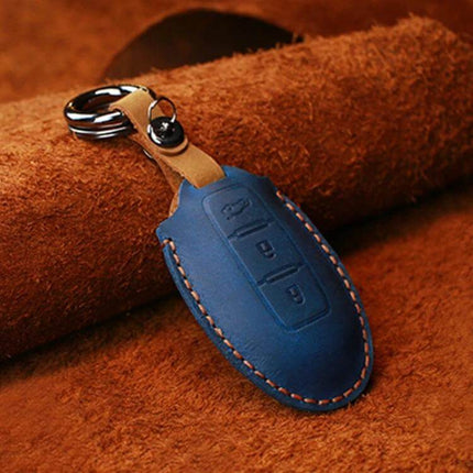 Protective Cowhide Leather Key Case for Nissan Qashqai Tiida - blue cowhide key cover with keyring protecting key fob