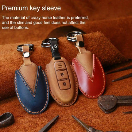 Protective Cowhide Leather Key Case for Nissan Qashqai Tiida — genuine cowhide leather key sleeve in blue tan and red, protects buttons and prevents scratches