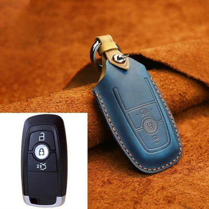 Cowhide Leather Key Cover for Ford Cars, Three-Key Capacity - blue genuine cowhide protector for Ford key fob, soft grip, holds three keys